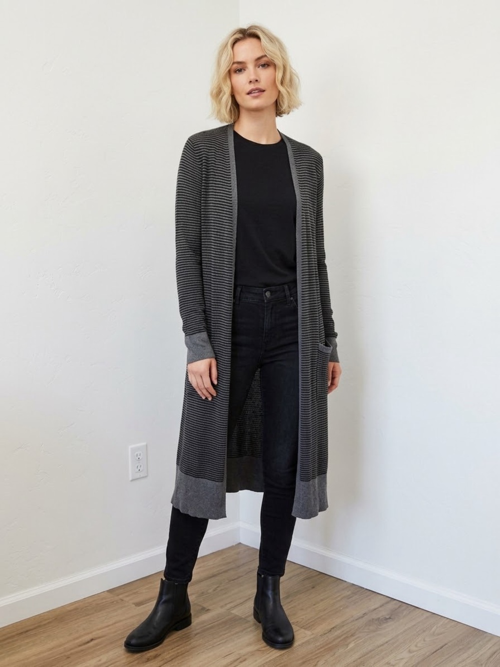 Eileen Fisher Charcoal and Light Gray Striped Long Open Front Cardigan Size L/P